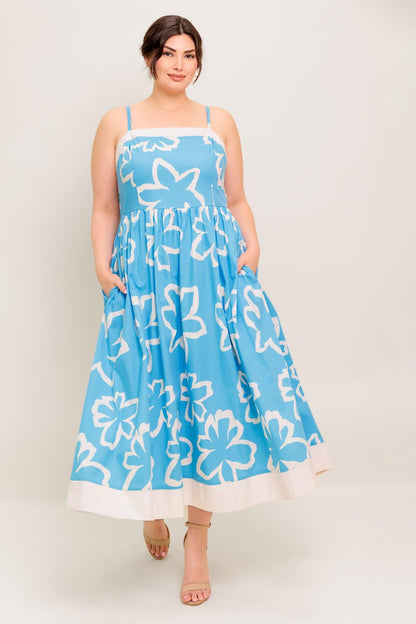 Serene Petals Blue Woven Midi Dress