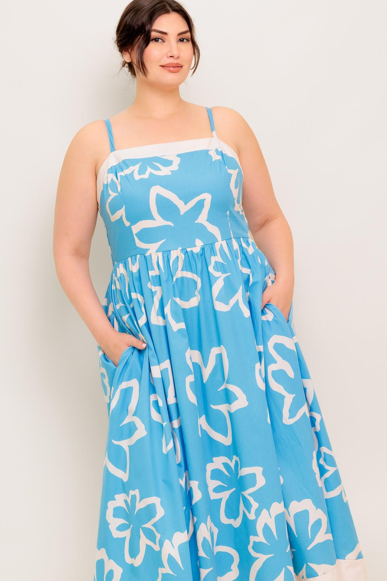 Serene Petals Blue Woven Midi Dress