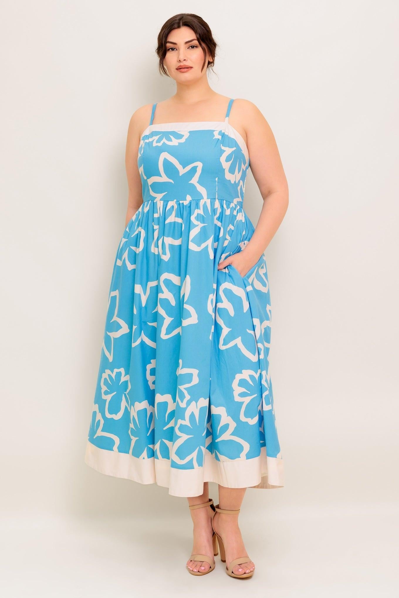 Serene Petals Blue Woven Midi Dress