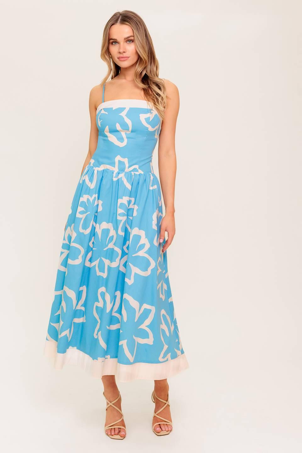 Serene Petals Blue Woven Midi Dress