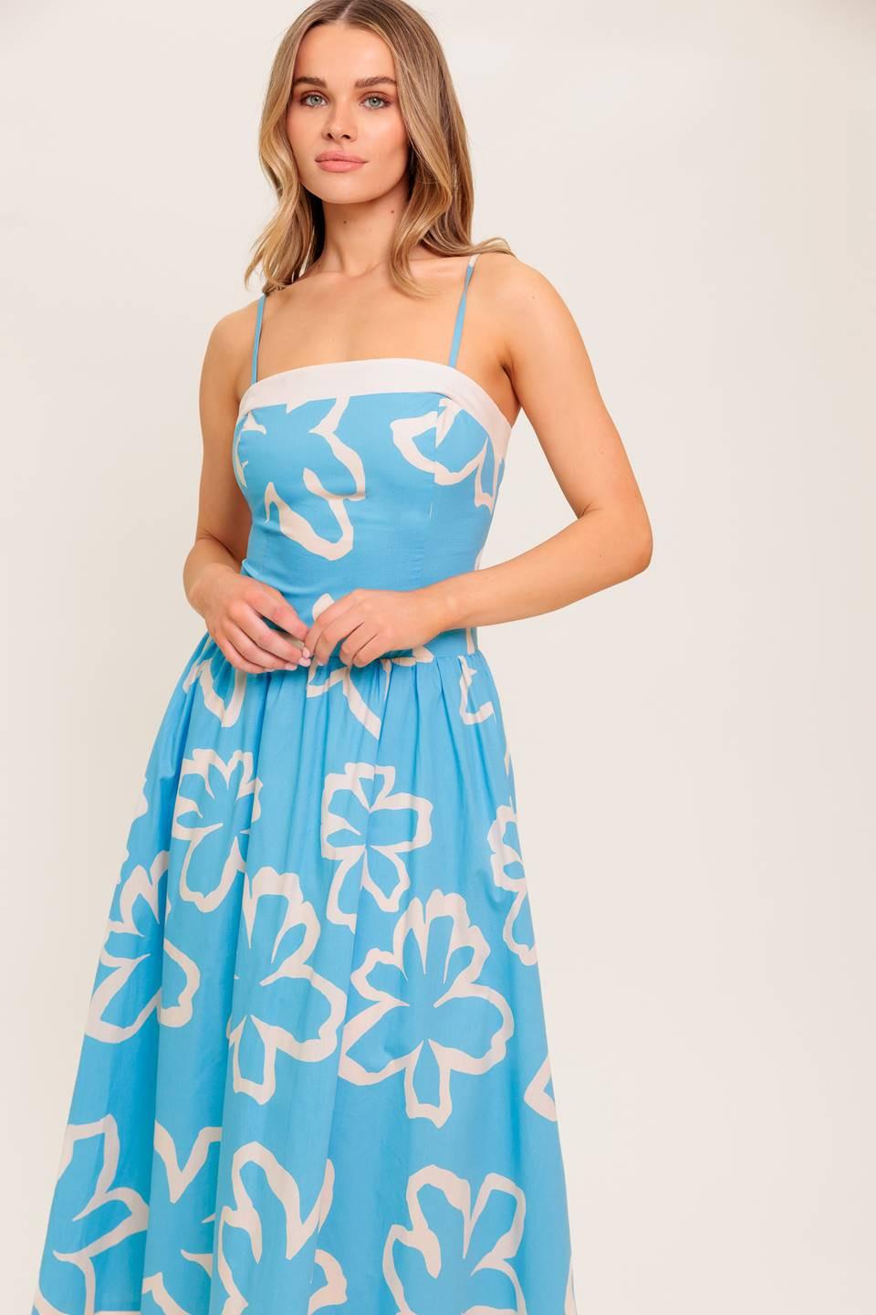 Serene Petals Blue Woven Midi Dress
