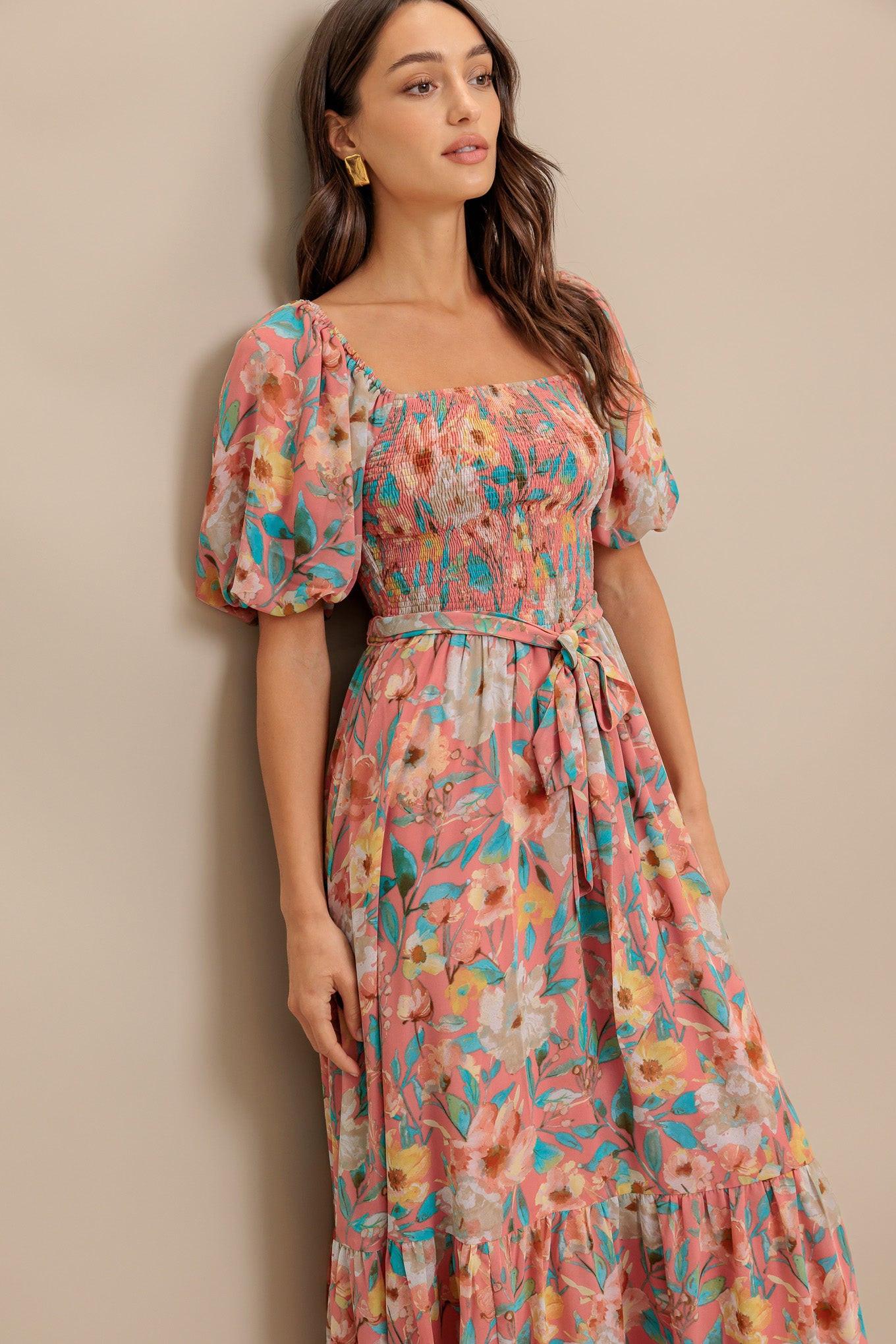Rosy Twilight Woven Midi Dress