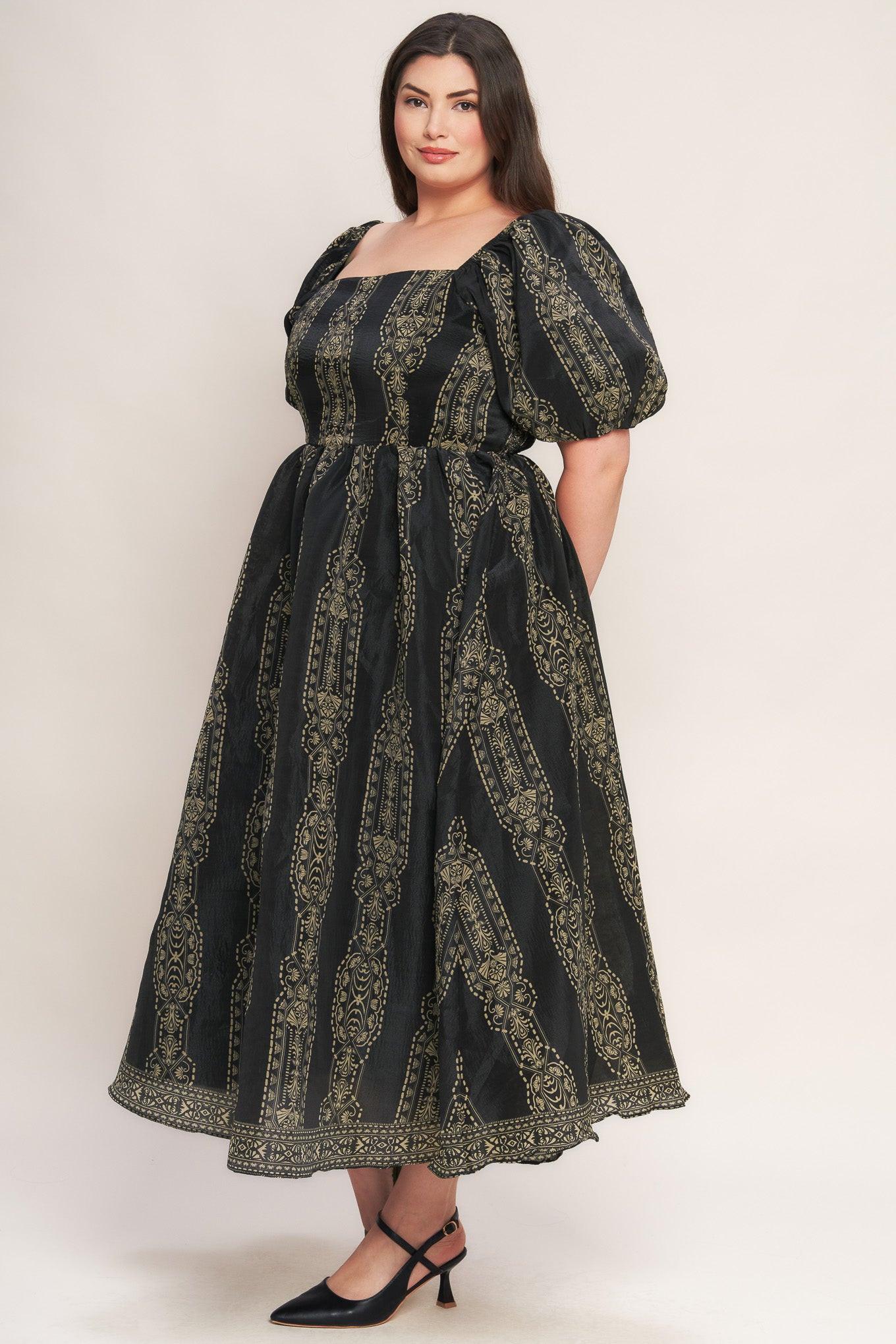 Vintage Square Woven Midi Dress