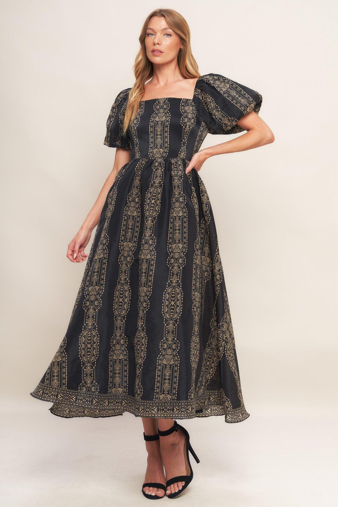 Vintage Square Woven Midi Dress