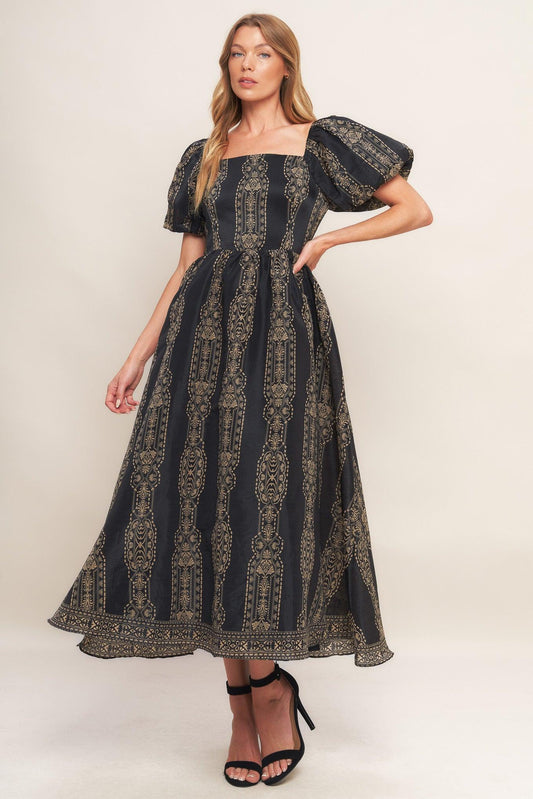 Vintage Square Woven Midi Dress