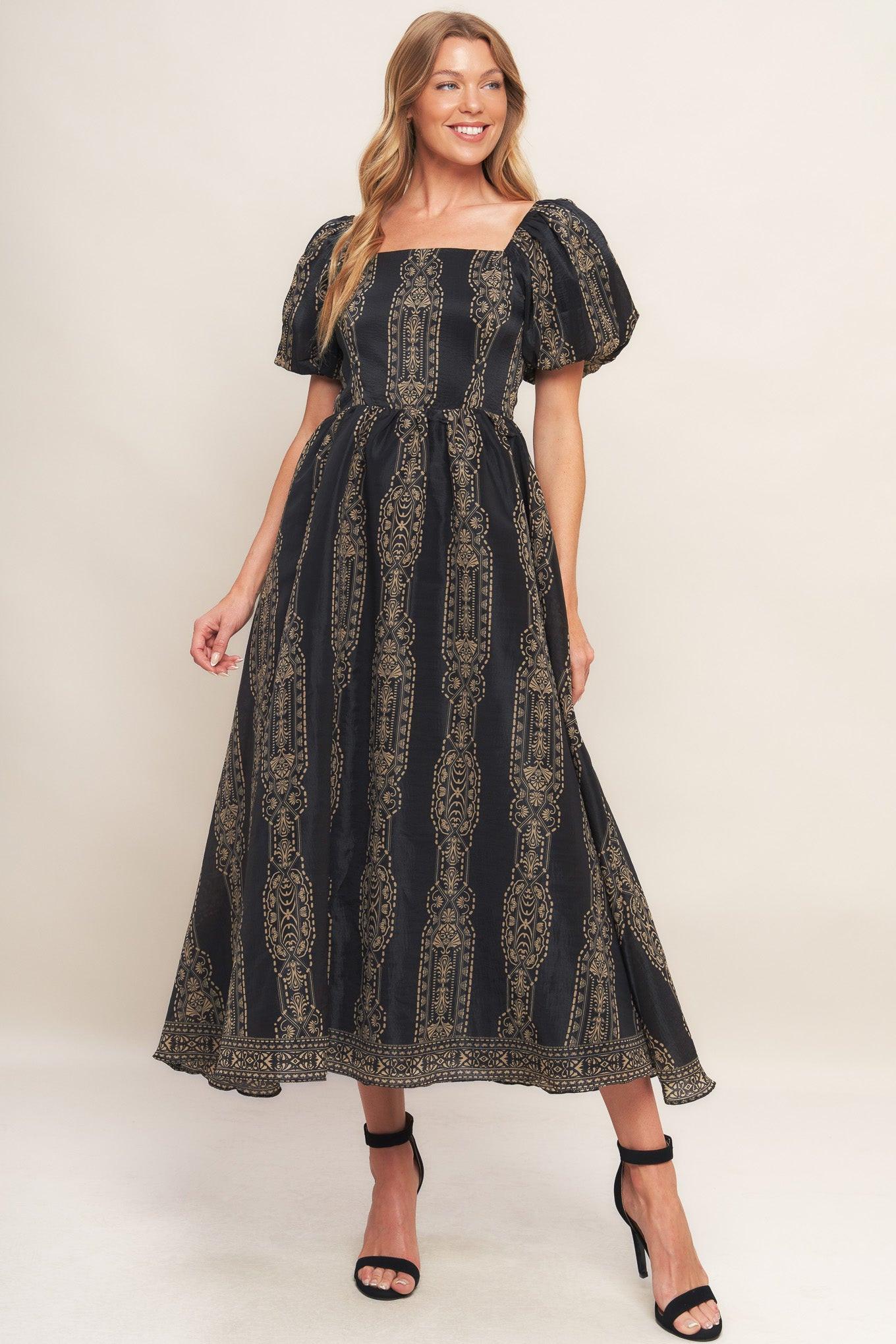 Vintage Square Woven Midi Dress
