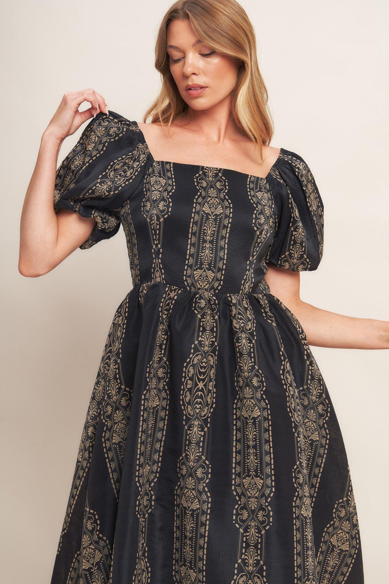 Vintage Square Woven Midi Dress