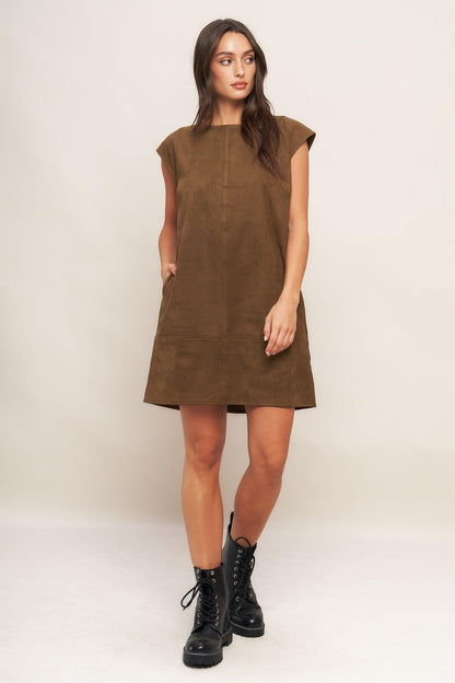 Quiet Luxury Edge Faux Suede Midi Shift Dress