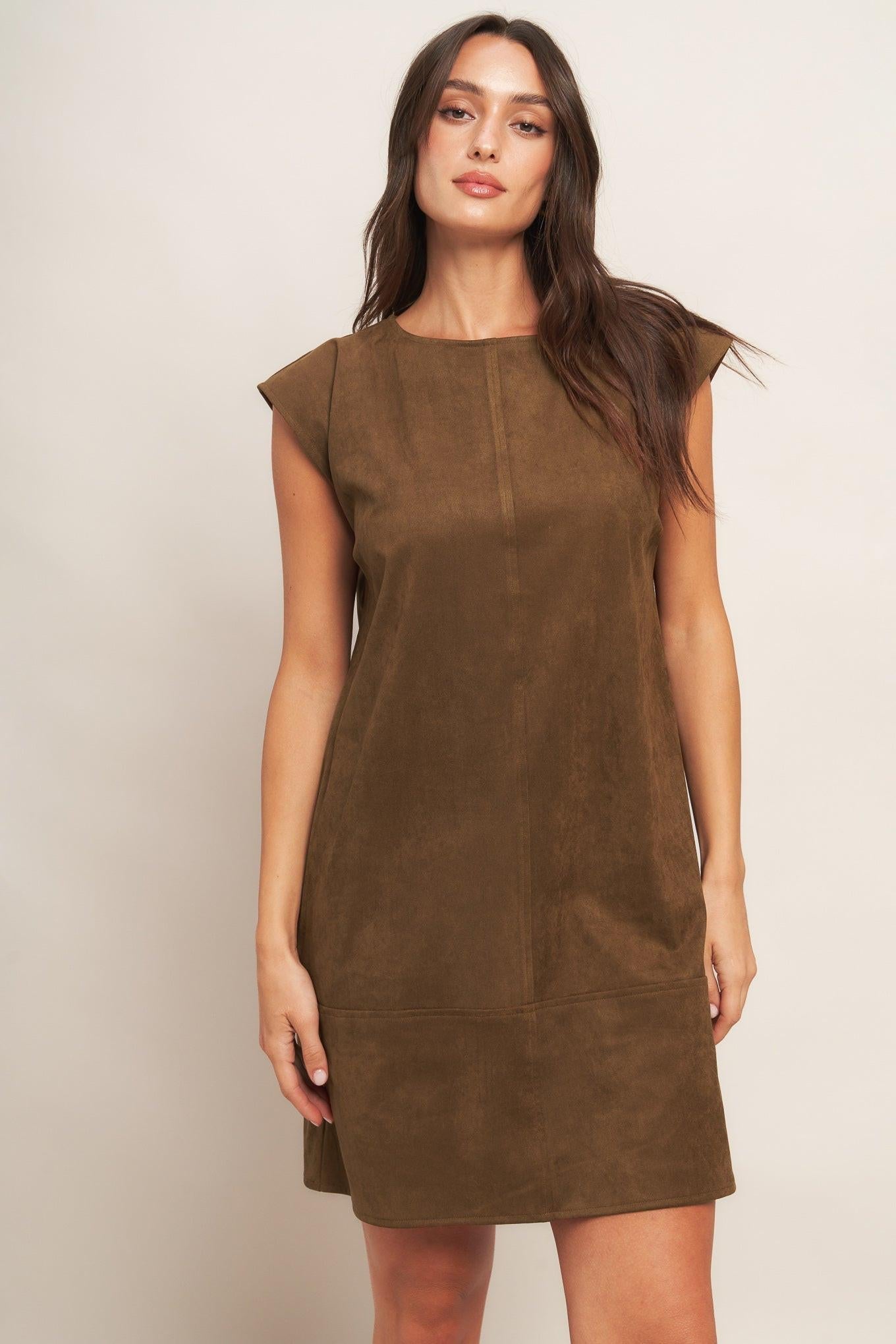 Quiet Luxury Edge Faux Suede Midi Shift Dress