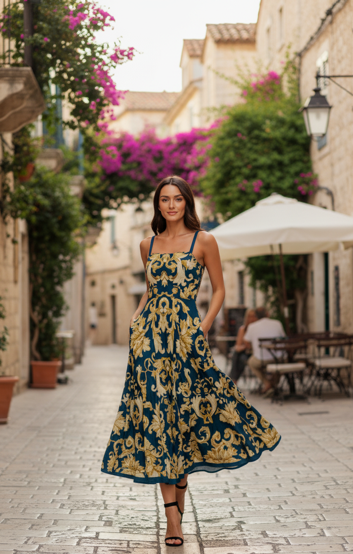 Imperial Bloom Blue Woven Midi Dress