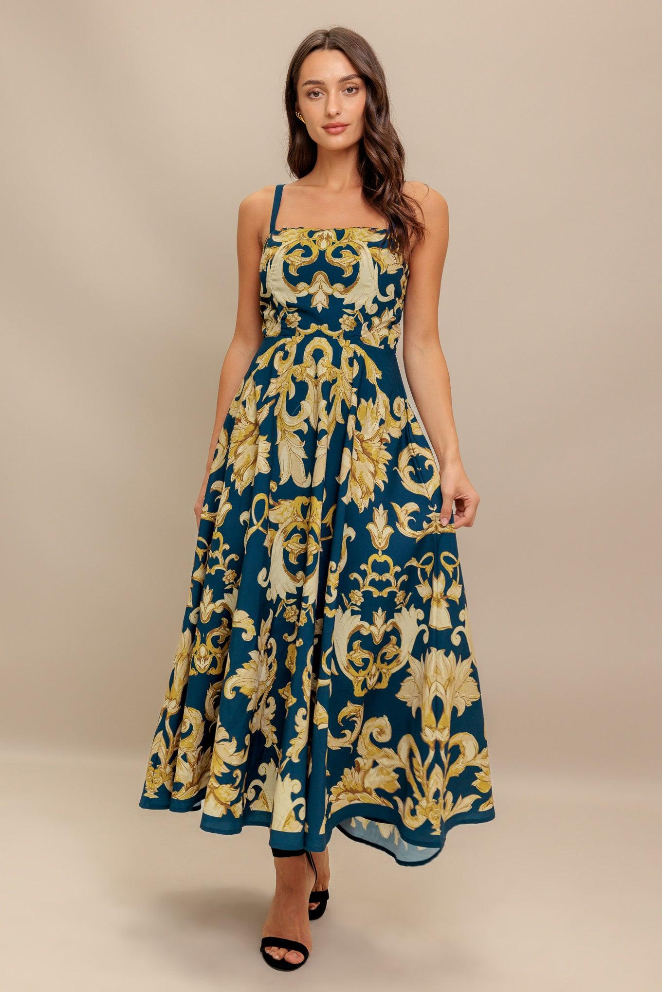Imperial Bloom Blue Woven Midi Dress