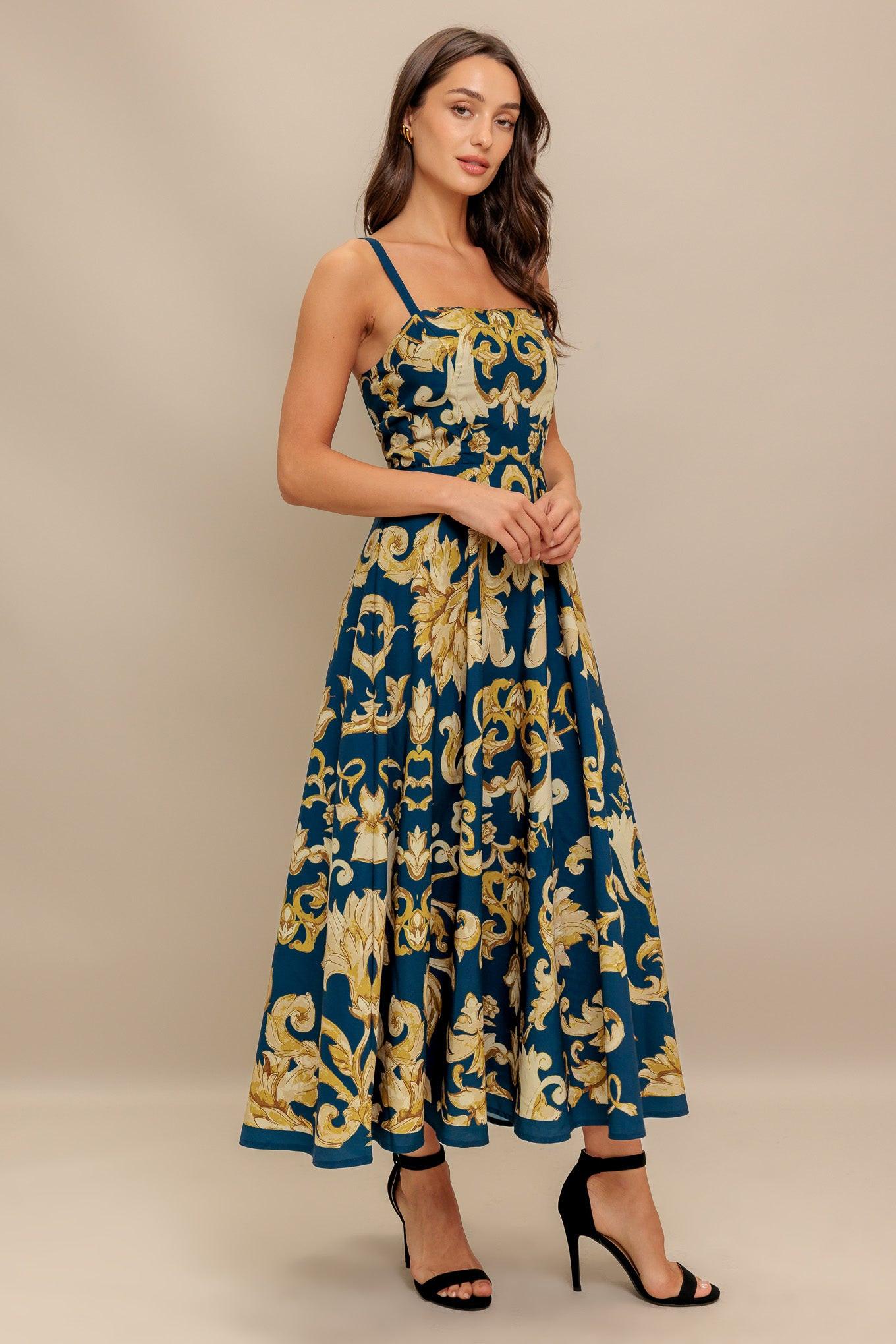 Imperial Bloom Blue Woven Midi Dress
