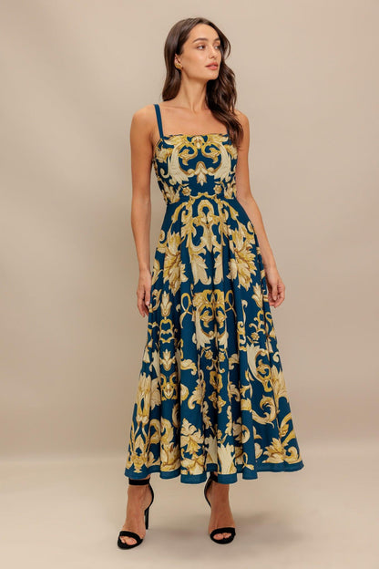 Imperial Bloom Blue Woven Midi Dress