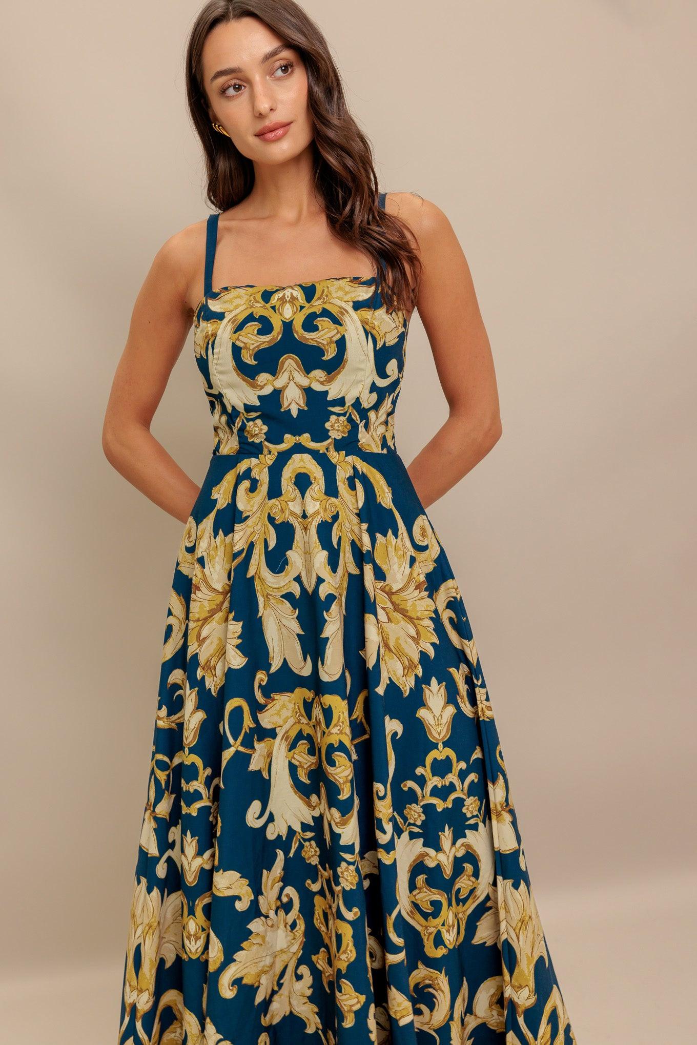 Imperial Bloom Blue Woven Midi Dress