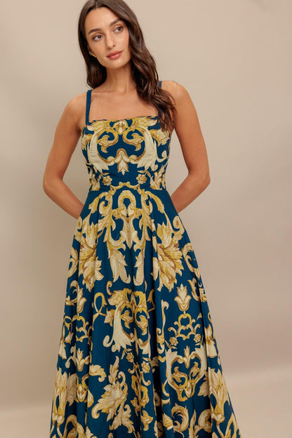 Imperial Bloom Blue Woven Midi Dress