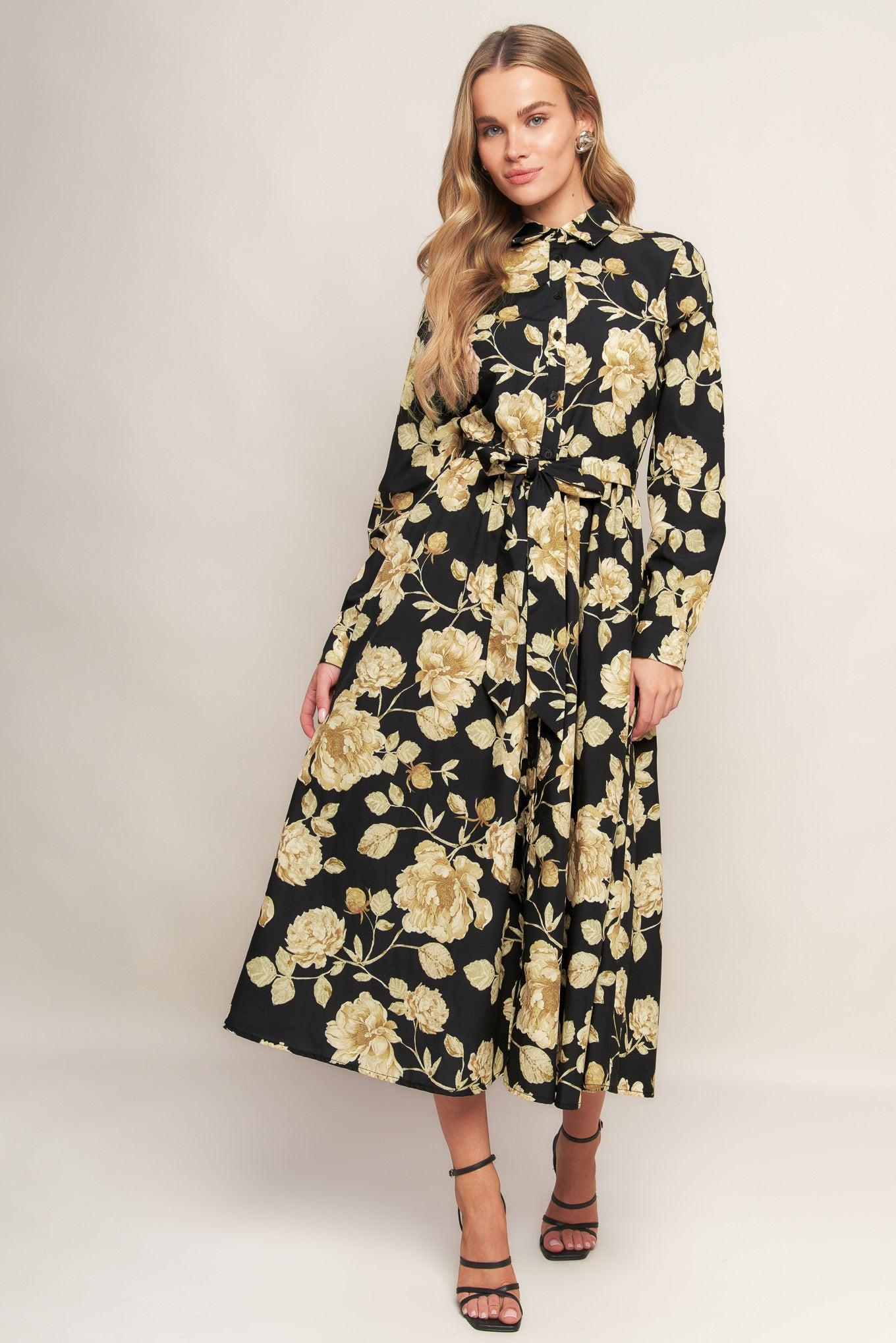 Midnight Bloom Black Woven Midi Dress