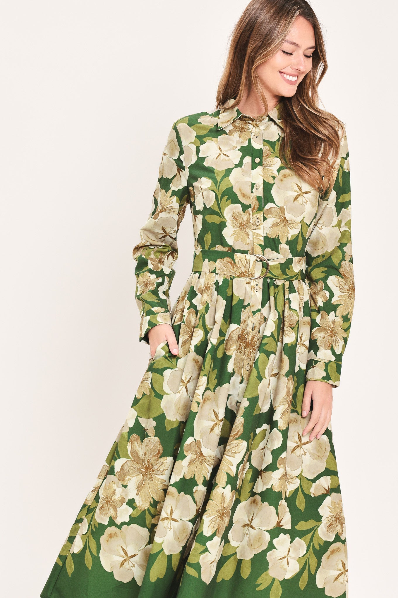 Evergreen Camellia Dream Woven Midi Shirt Dress