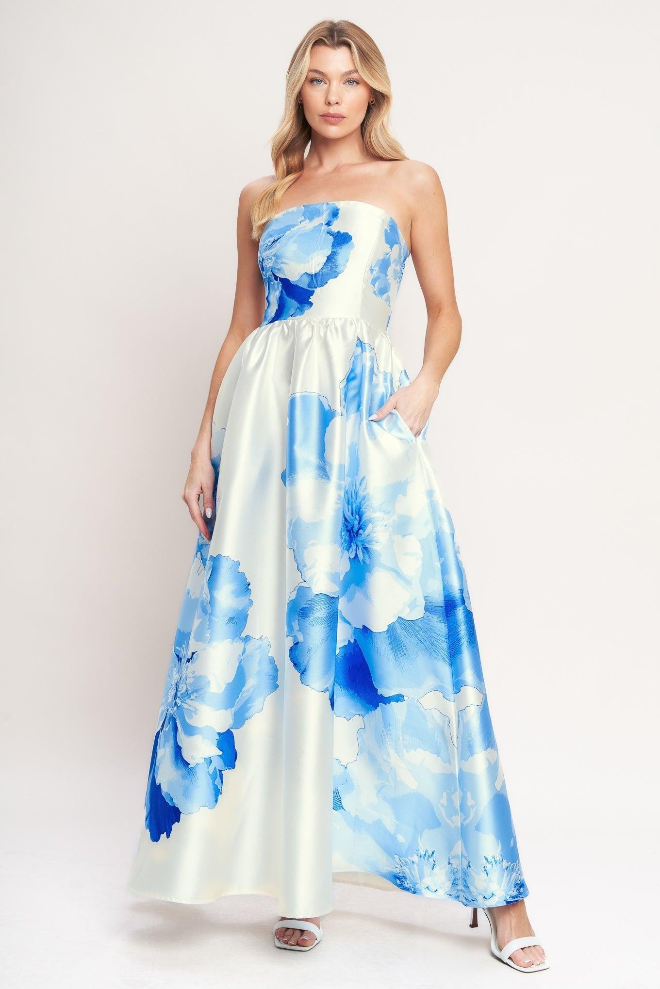 maxi blue dress for wedding Rosella Satin Strapless Maxi Dress / Cyan Blue | MESHKI