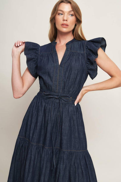 Power Denim Goddess Dark Indigo Midi Dress