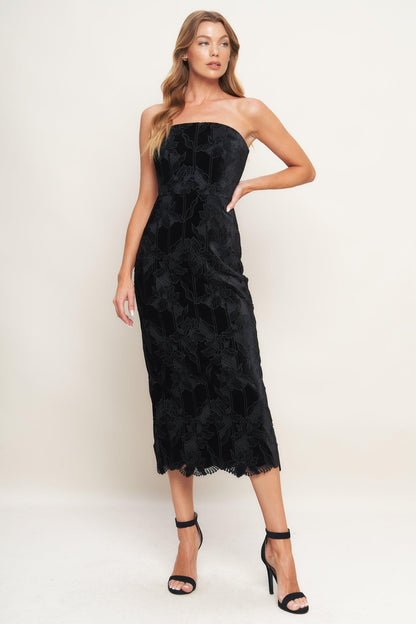 Black Temptation Woven Velvet Lace Midi Dress