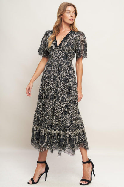 Gothic Bloom Woven Lace Midi Dress