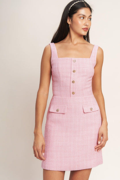 On My Way Pink  Woven Tweed Mini Dress