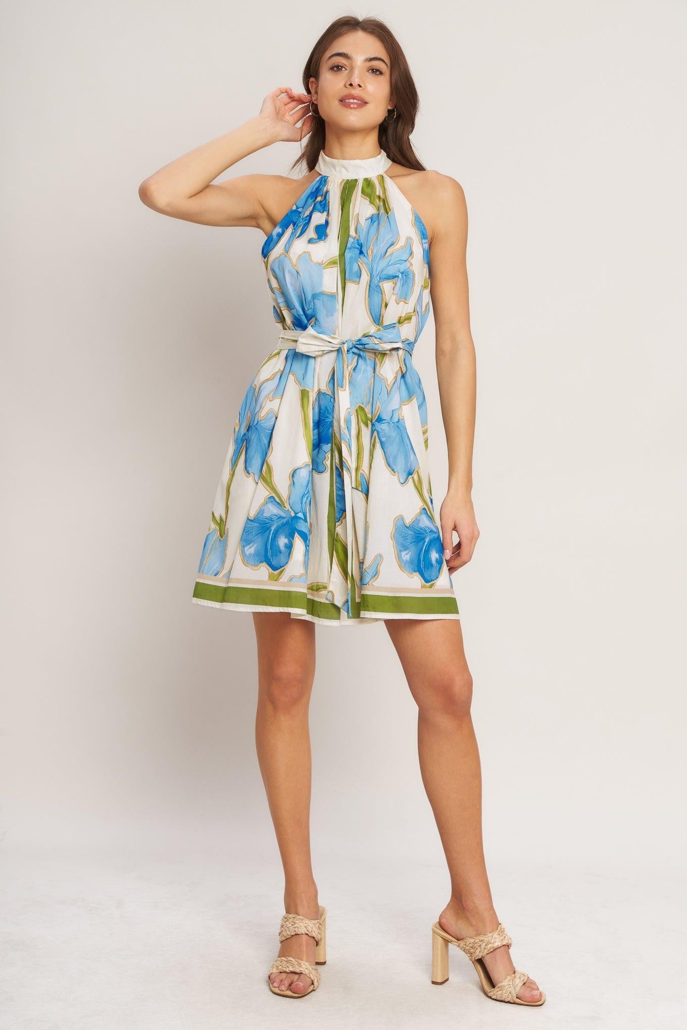 Azure Bloom Halter Woven Mini Dress
