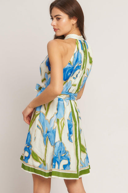 Azure Bloom Halter Woven Mini Dress