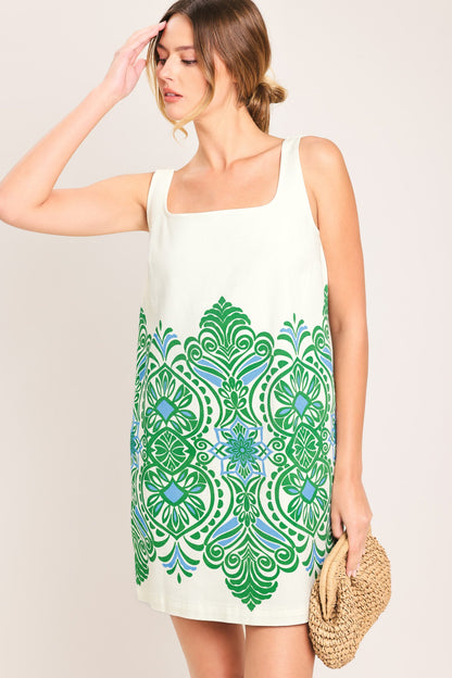 Green Motif Woven Mini Dress