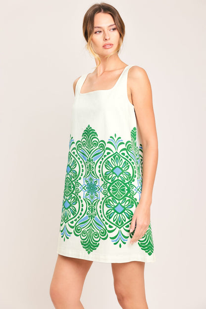 Green Motif Woven Mini Dress