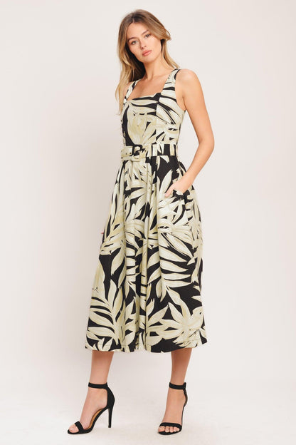Mono Leaf Statement Woven Midi Dress