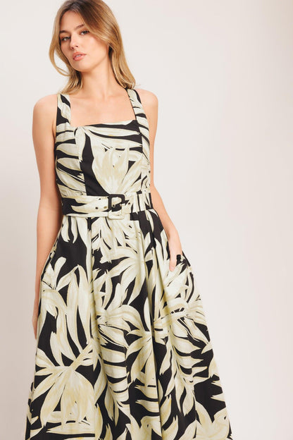 Mono Leaf Statement Woven Midi Dress