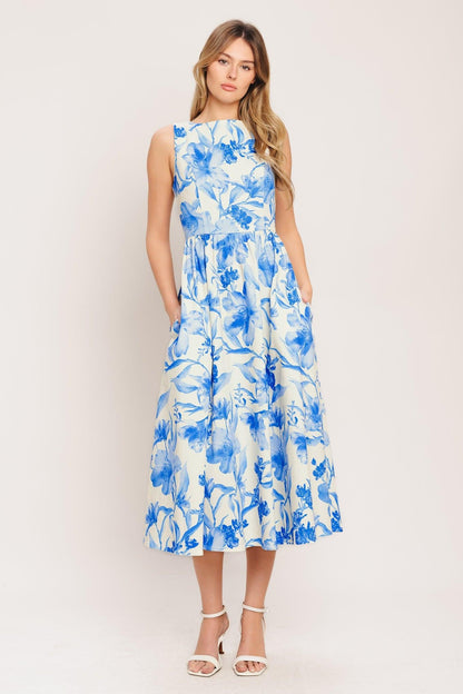 Porcelain Floral Woven Midi Dress