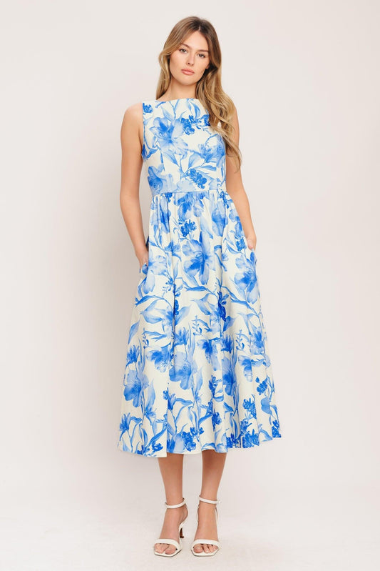 Porcelain Floral Woven Midi Dress