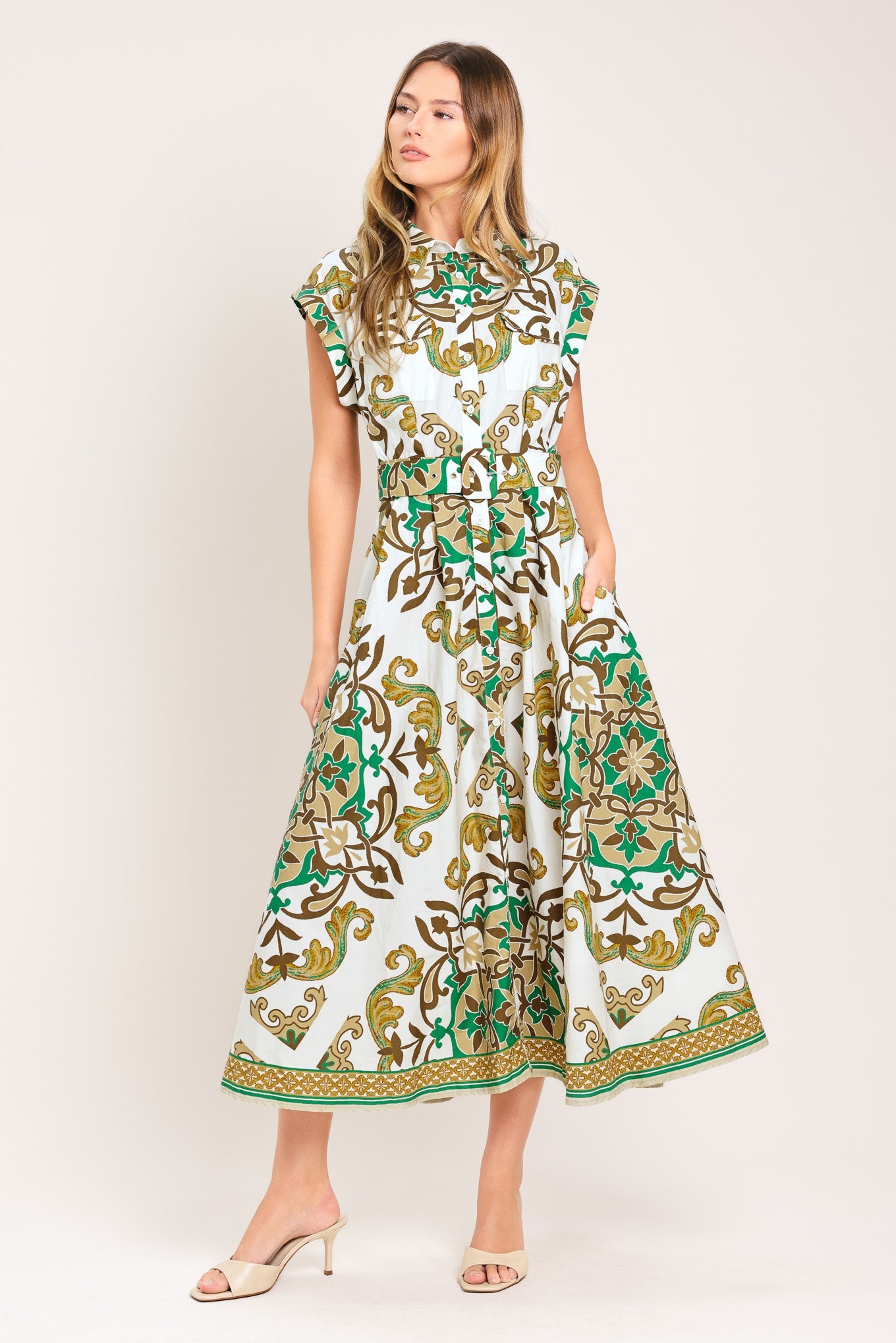 Emerald Ornate Woven Midi Shirt Dress