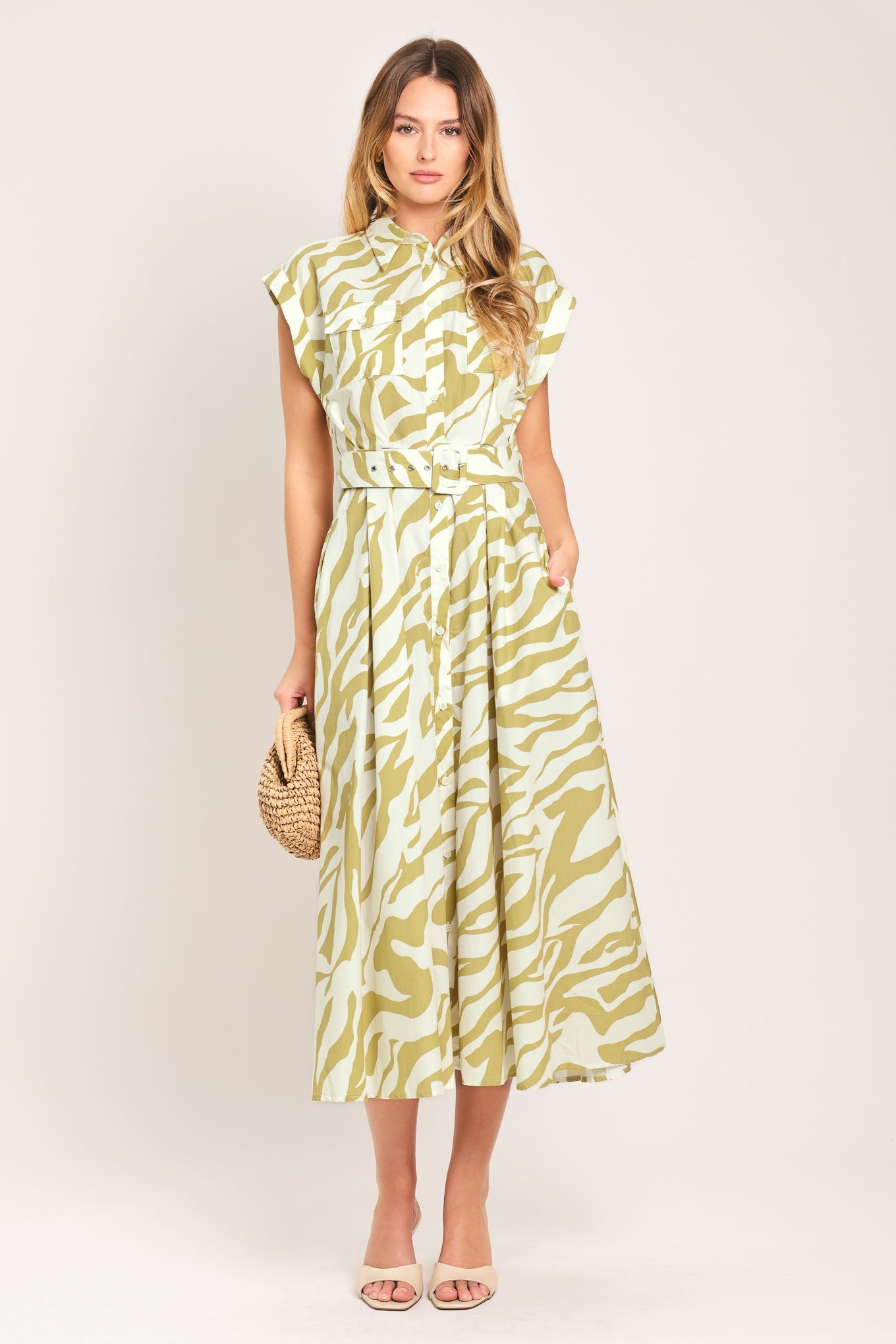 Soft Zebra Woven Midi Shirt Dress