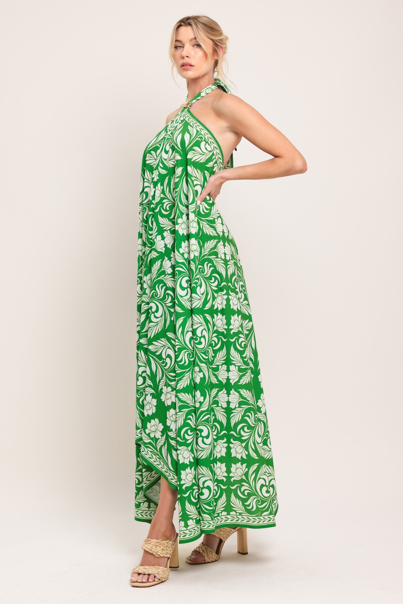 Emerald Bloom Woven Midi Scarf Dress