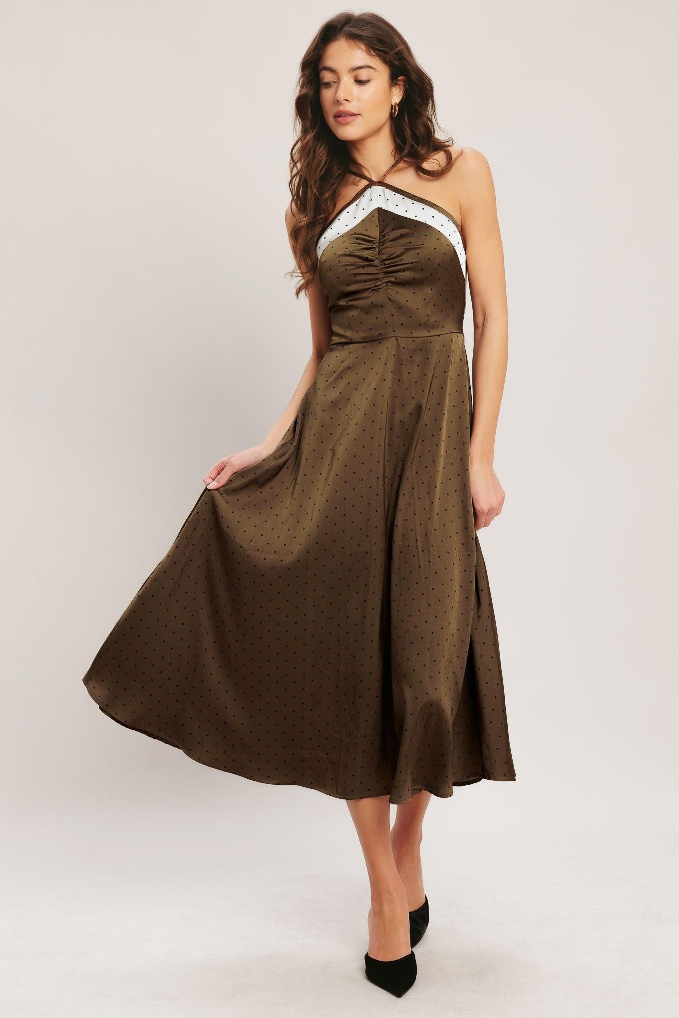 Espresso Chic Woven Satin Midi Dress