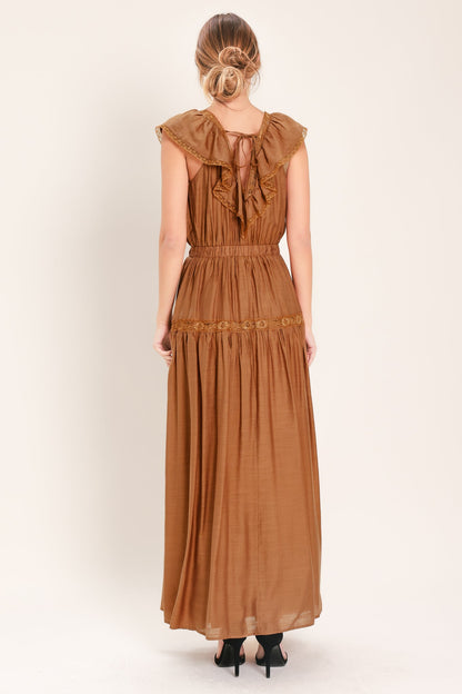 FLYING TOMATO Lace Trim Ruffle Maxi Dress in Camel at Nordstrom Rack, Size Large