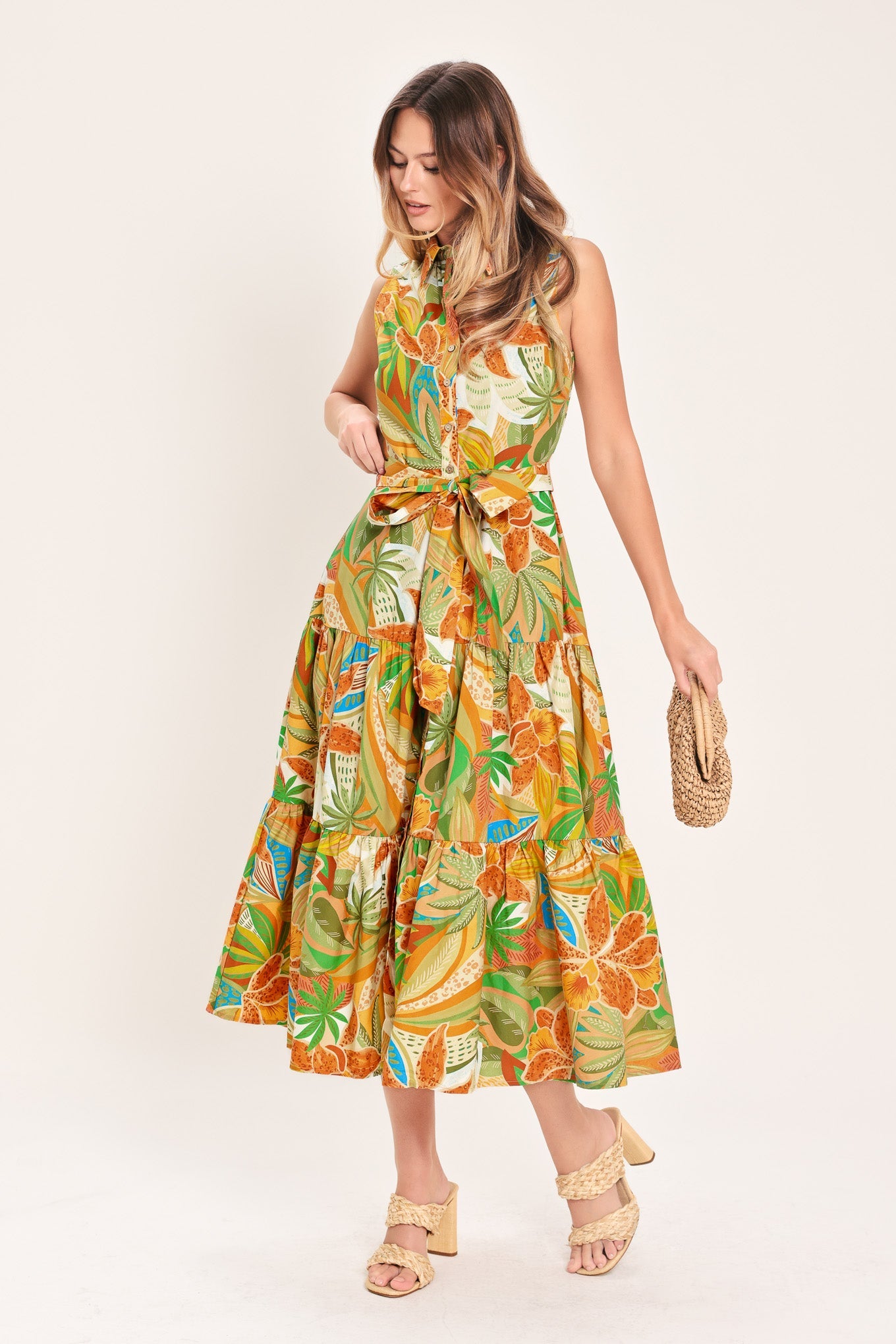 Tropical Bloom Tiered Woven Mini Shirt Dress