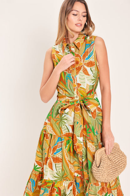 Tropical Bloom Tiered Woven Mini Shirt Dress