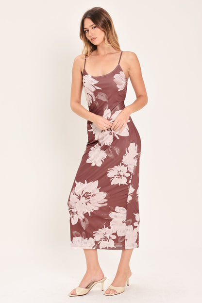 Rosewood Bloom Power Mesh Midi Dress