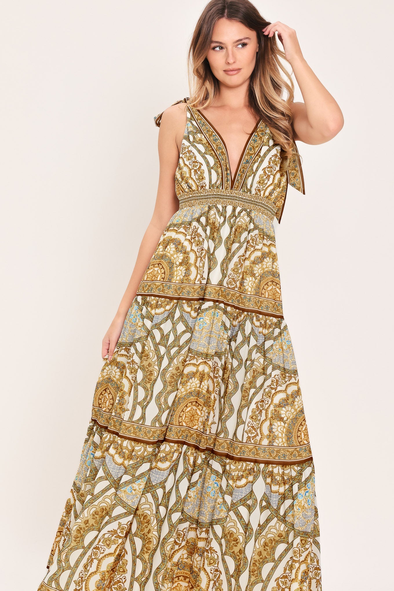 Golden Mosaic Woven Maxi Dress