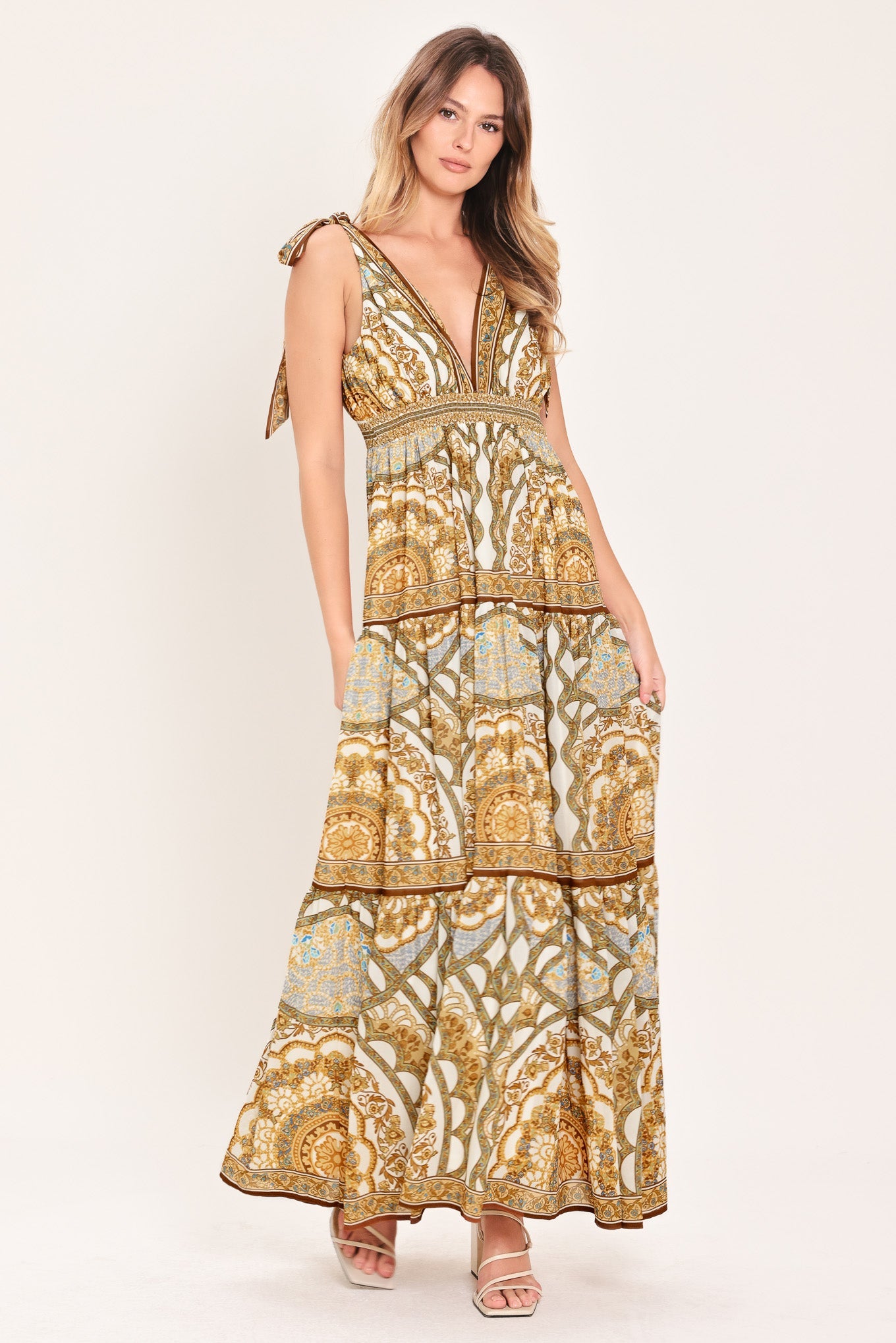 Golden Mosaic Woven Maxi Dress