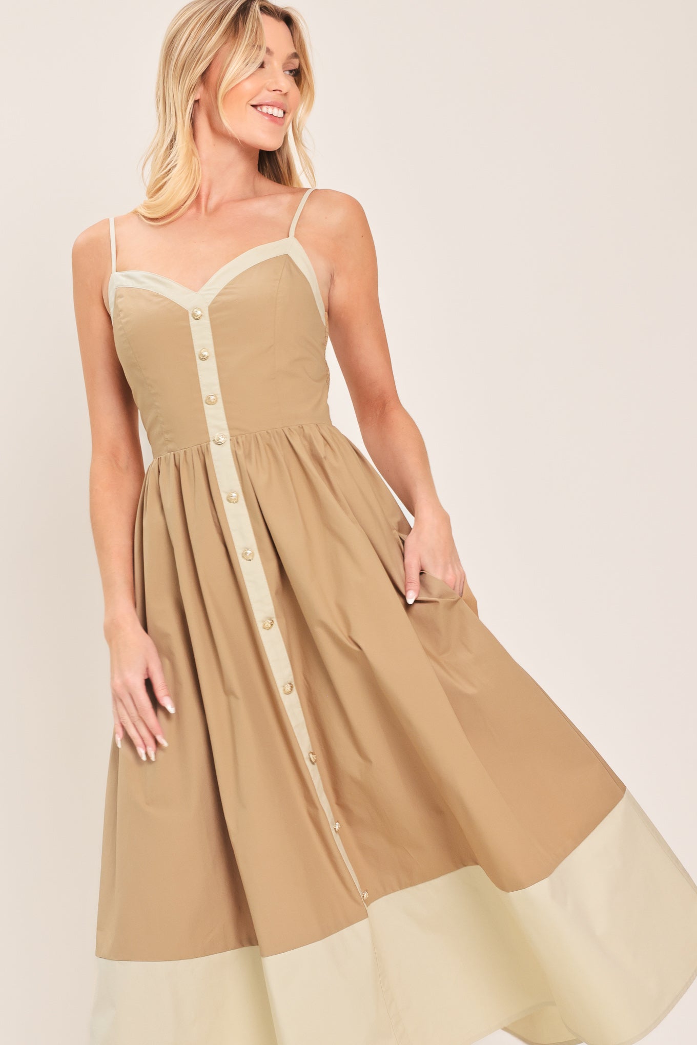 FLYING TOMATO Sleeveless Cotton Midi Dress in Taupe Brown at Nordstrom Rack, Size Small