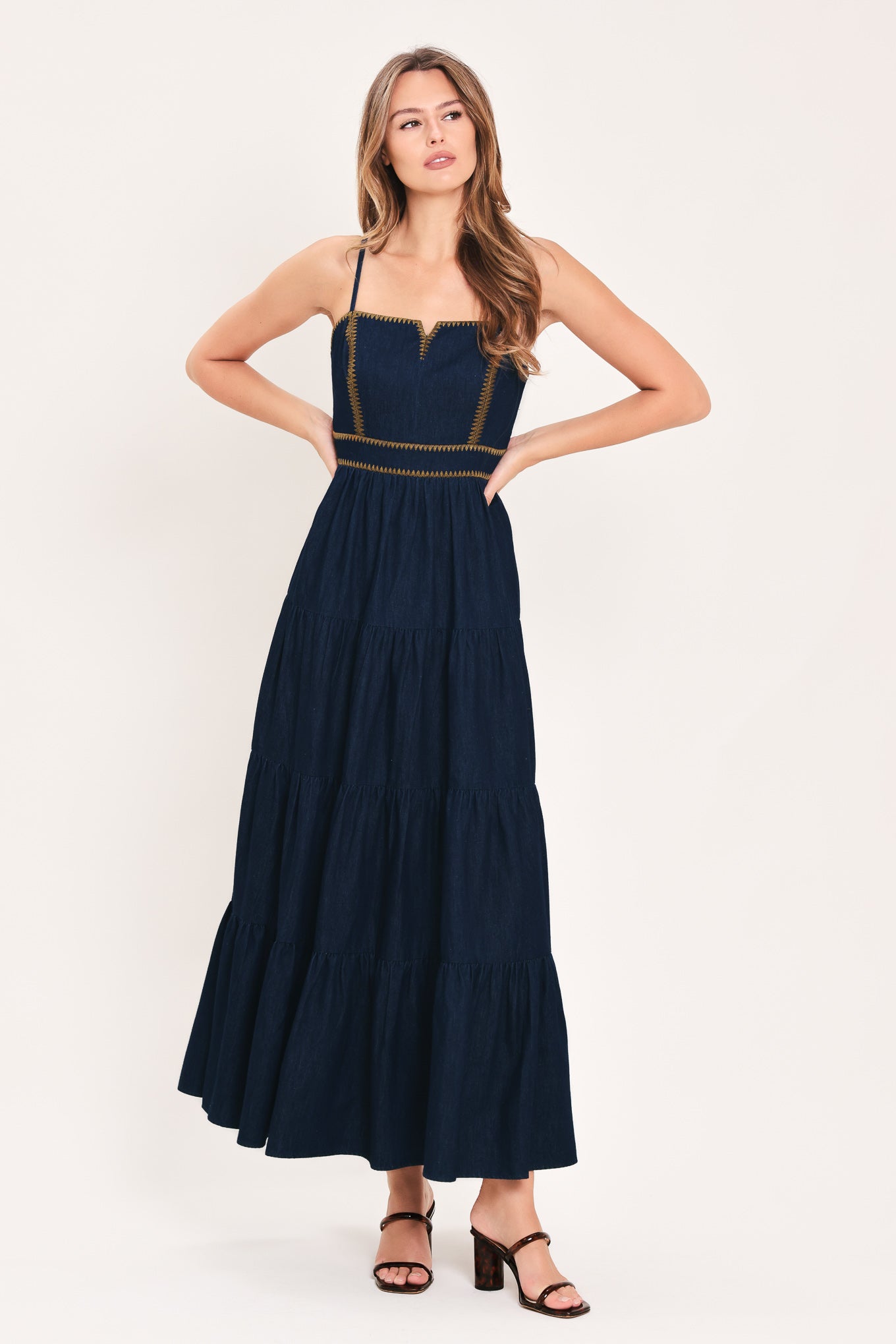 Stars Along the Seam Denim Maxi Dress