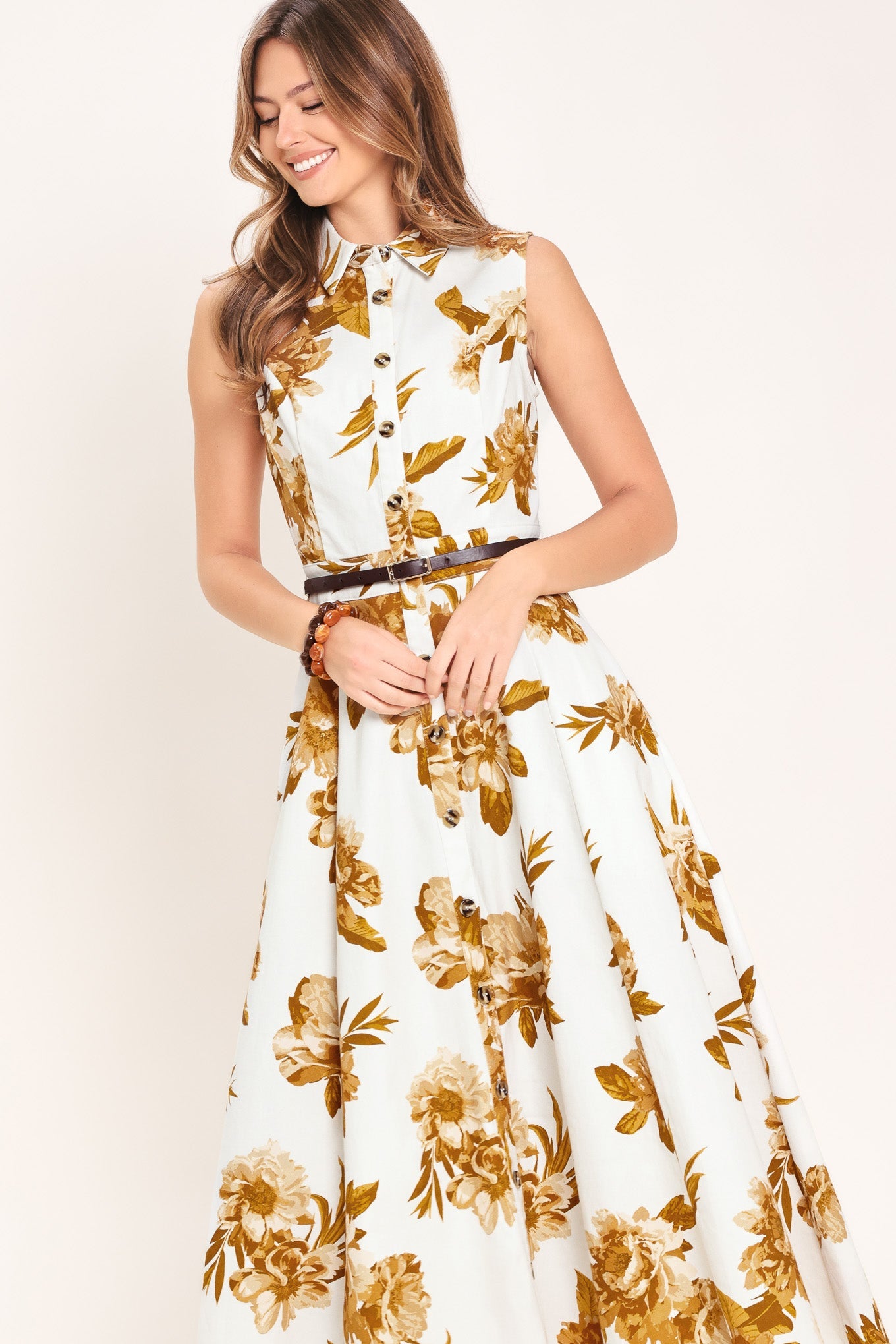 Golden Petals Woven Midi Dress