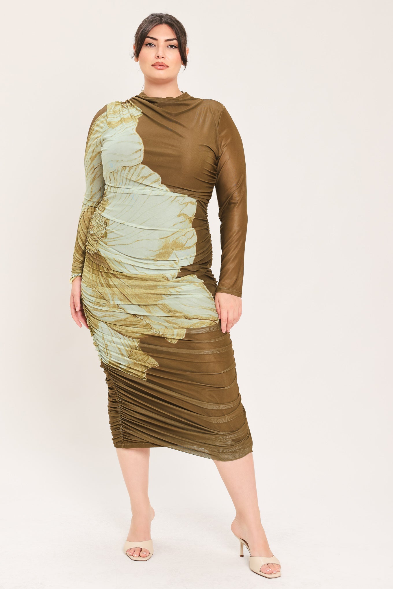 [preorder] Brown Blossom Contour Power Mesh Midi Dress