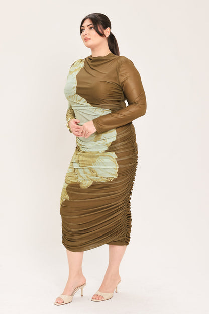 [preorder] Brown Blossom Contour Power Mesh Midi Dress