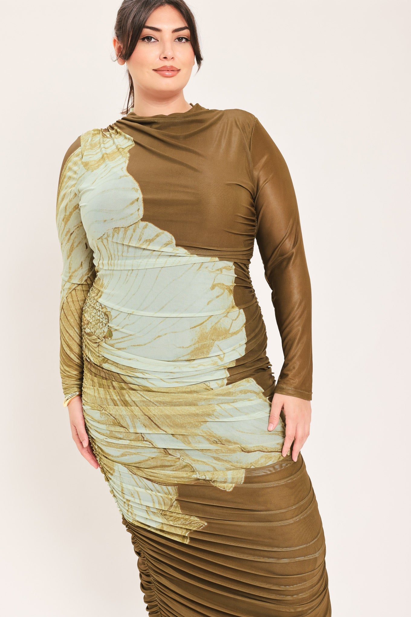 [preorder] Brown Blossom Contour Power Mesh Midi Dress